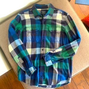 American Eagle Outfitters Mens Blue White Green Plaid Flannel Button Down